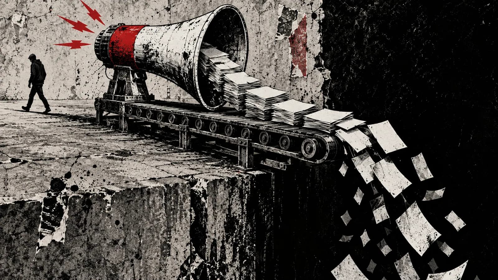Punk-style editorial illustration: A megaphone feeding blank flyers into a void as a person walks away.