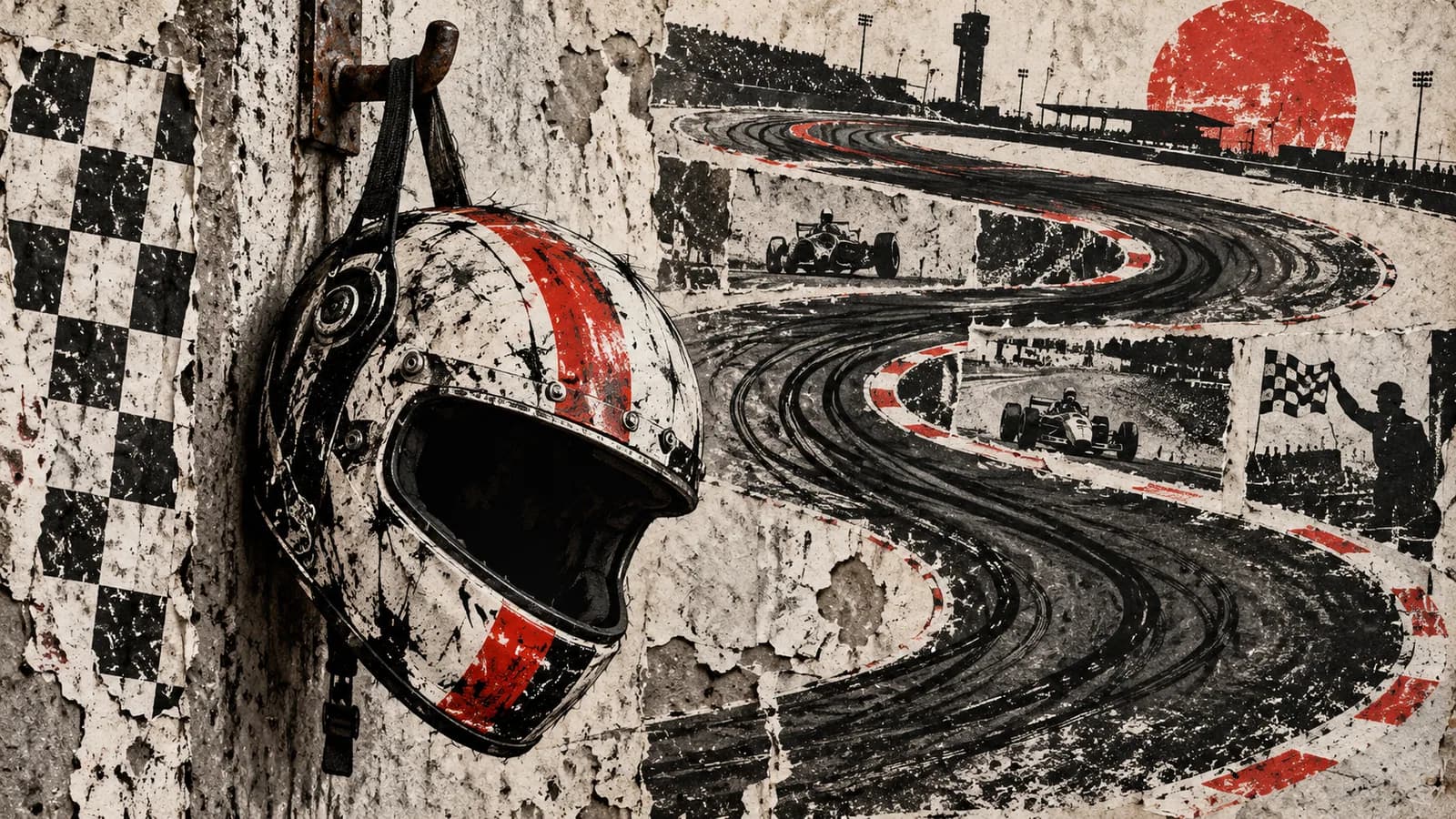 Punk-style editorial illustration: A battered racing helmet hanging above memories of a circuit.
