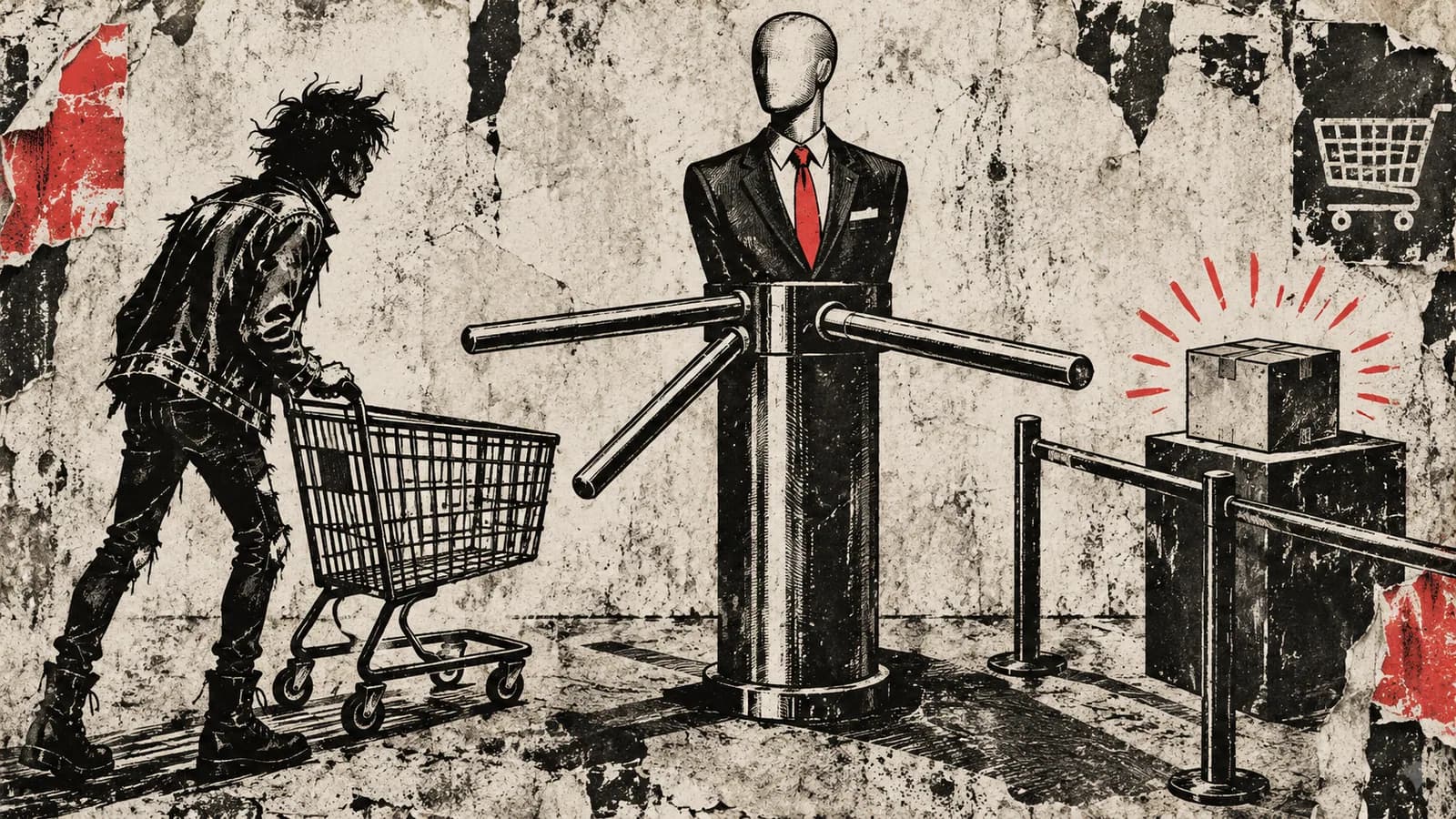 Punk-style editorial illustration: A suited mannequin blocks a customer at a locked turnstile.