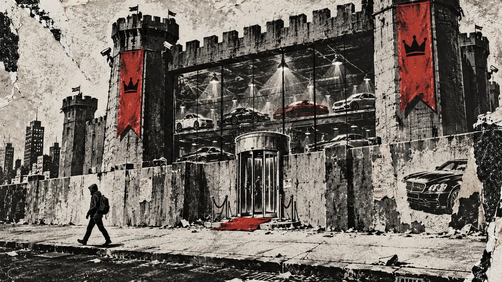 Punk-style editorial illustration: A showroom fortress with a red carpet and an impossibly small entrance.