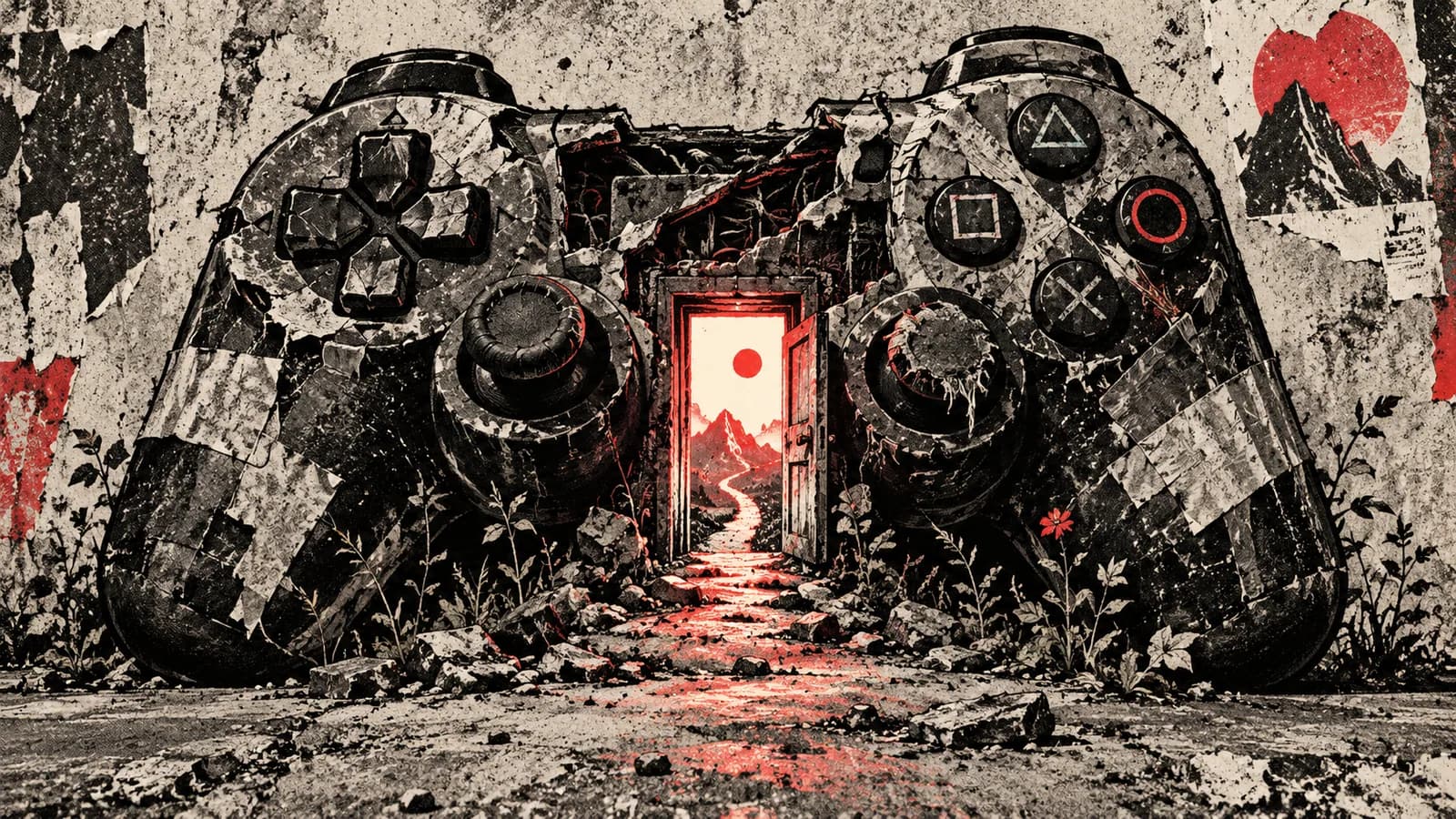 Punk-style editorial illustration: A game controller opens a luminous doorway into an imagined world.