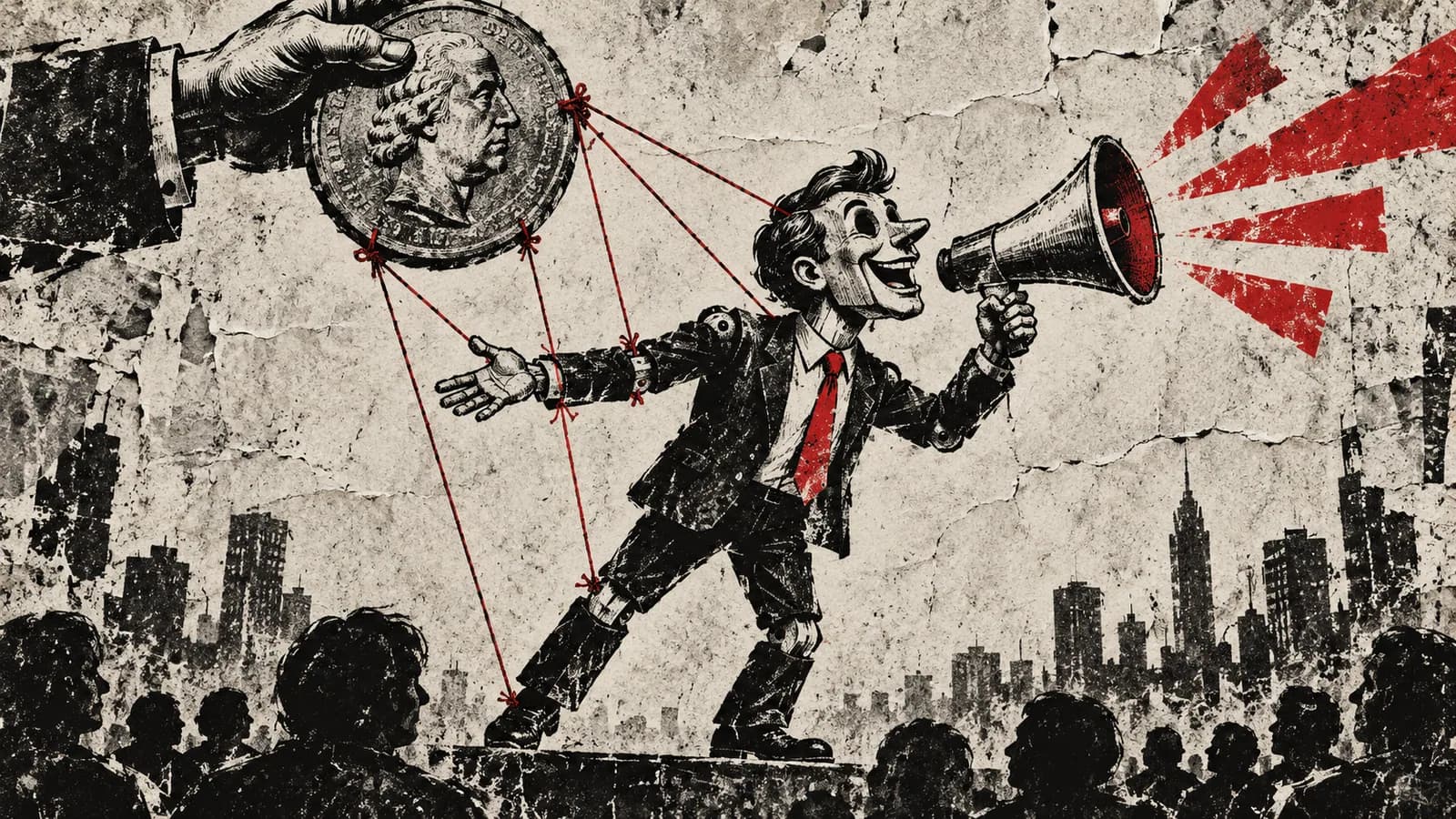 Punk-style editorial illustration: A suited puppet hangs from strings attached to a coin.