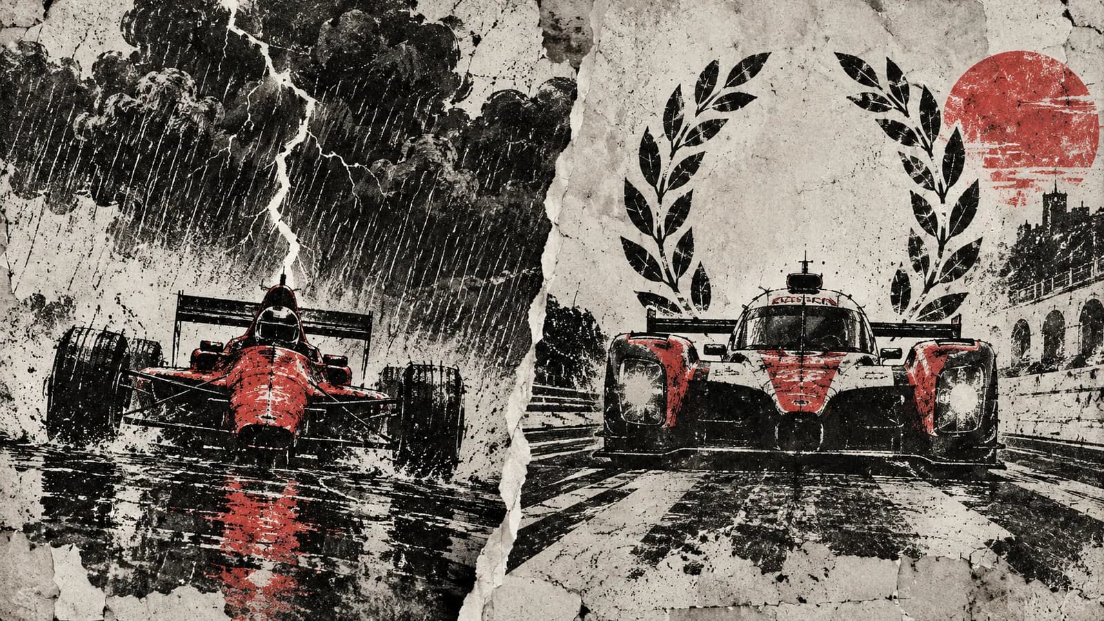 Punk-style editorial illustration: A red Formula 1 car in a storm beside an endurance car framed by laurels.
