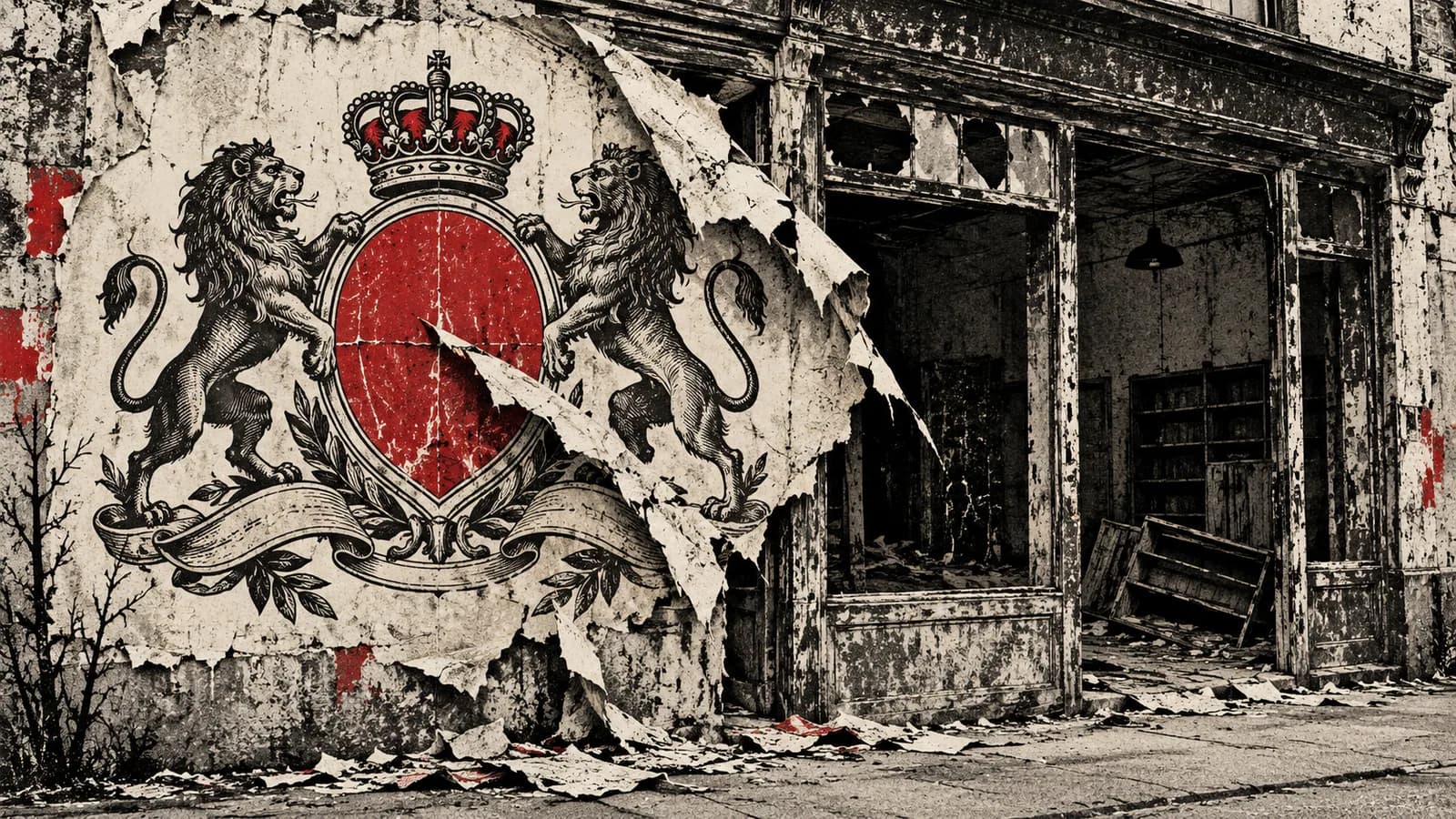 Punk-style editorial illustration: A peeling heraldic crest reveals a crumbling storefront.