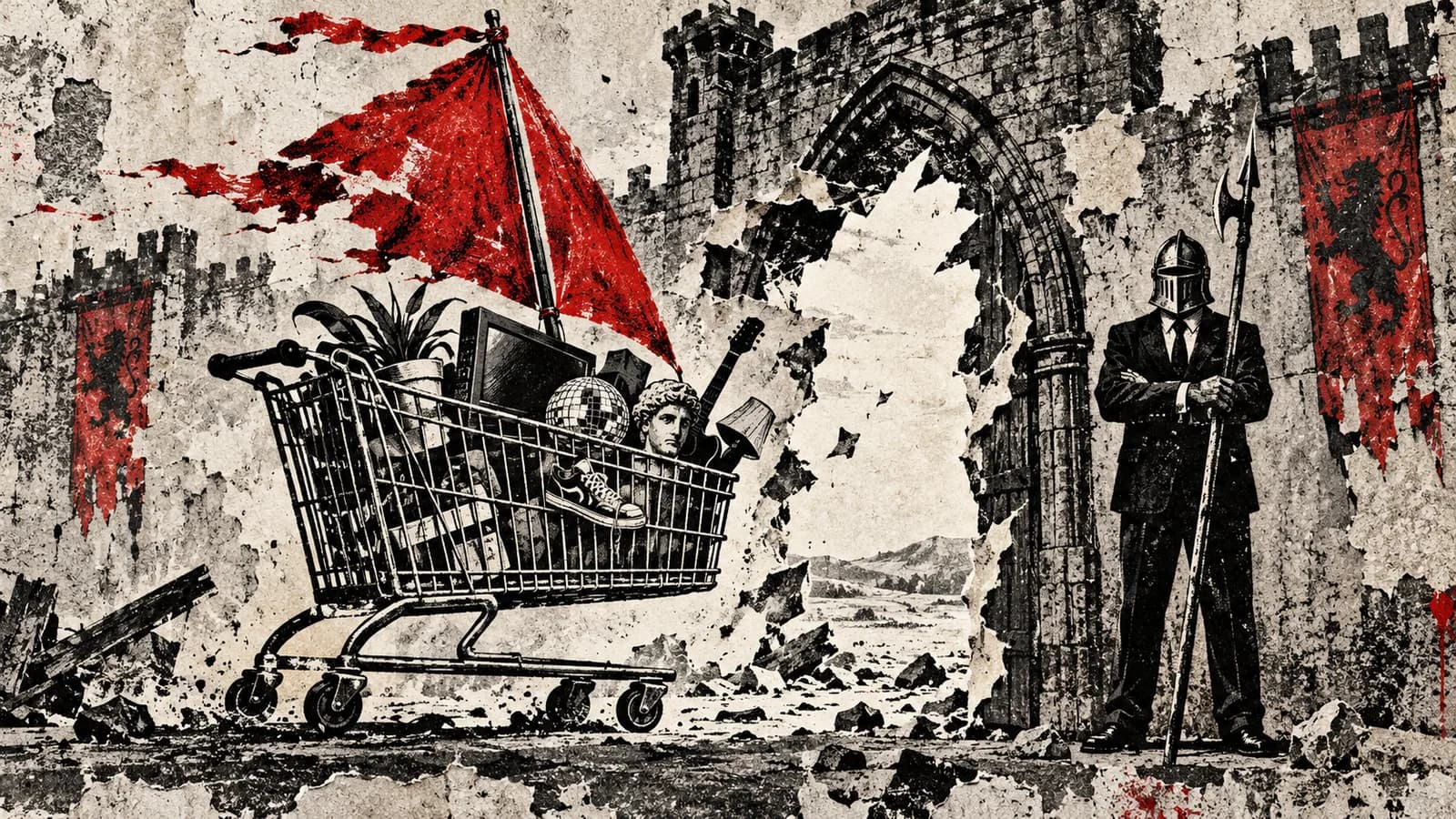 Punk-style editorial illustration: A shopping cart passes a medieval gate as a guard watches.