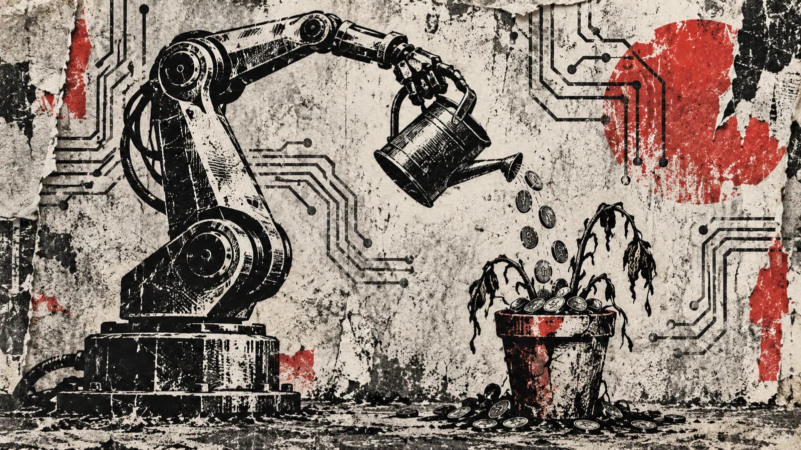 Punk-style editorial illustration: A robotic arm waters a dead plant with coins.