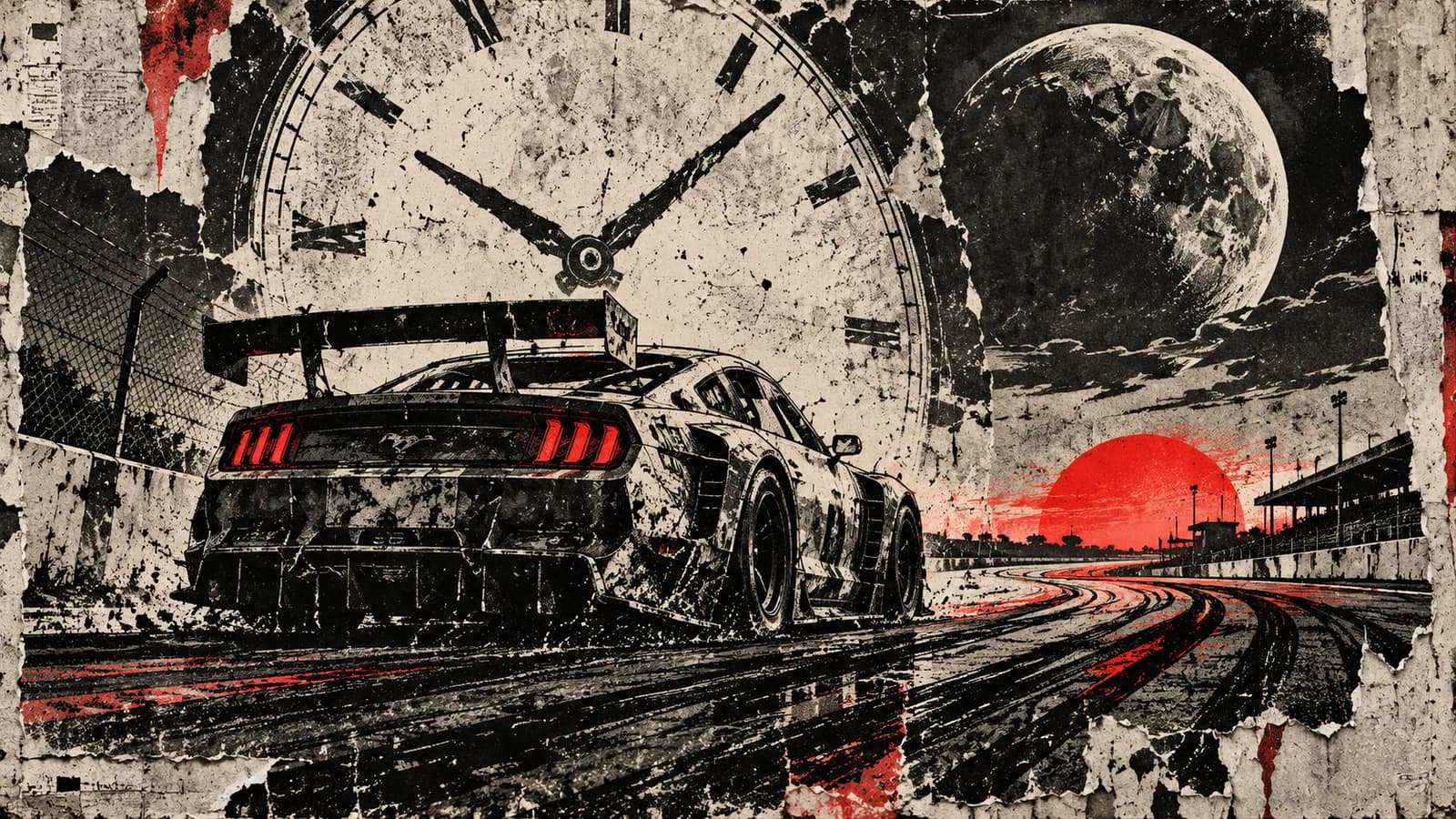 Punk-style editorial illustration: A Mustang race car beneath a clock and moon at an endurance circuit.