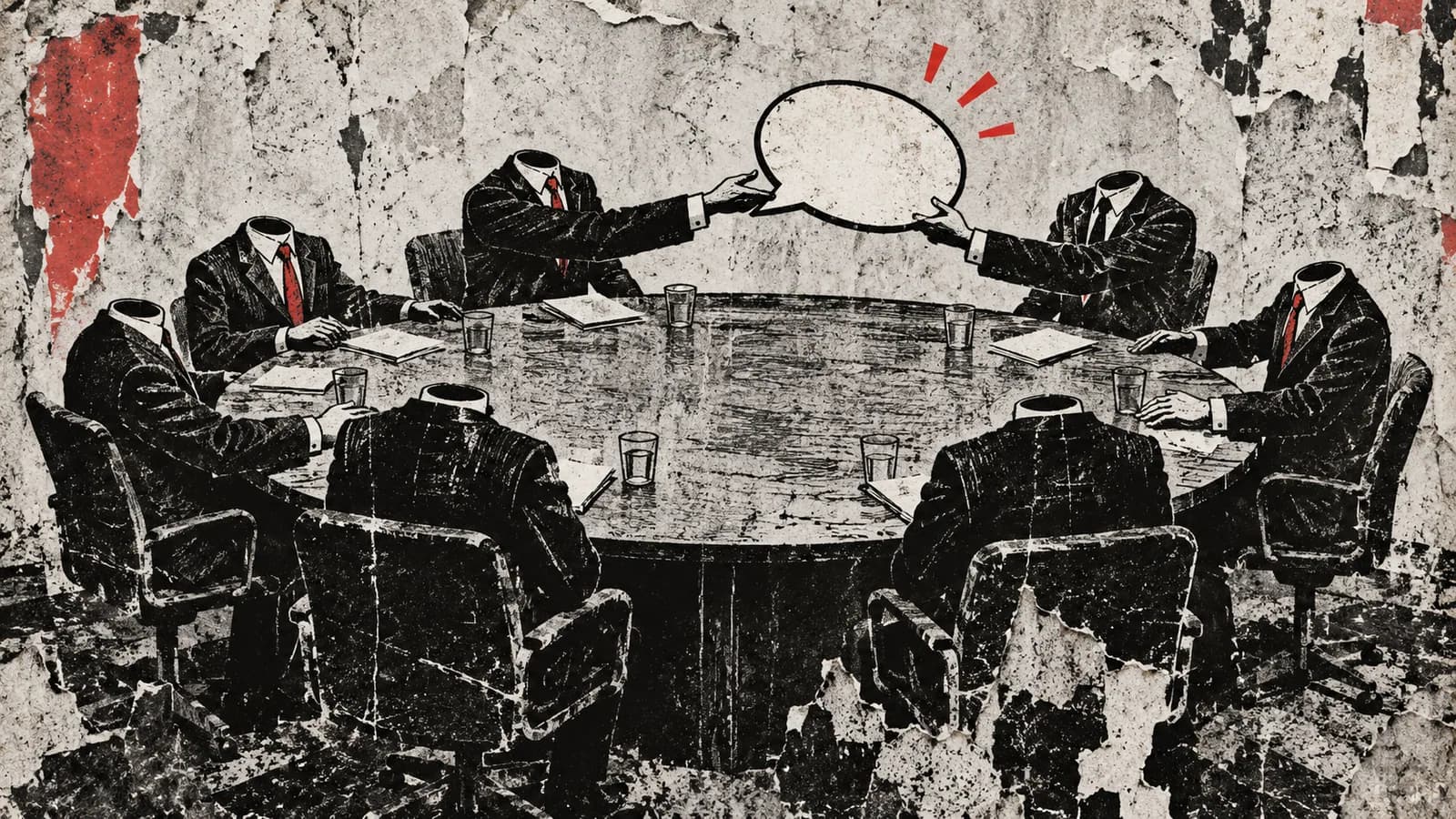 Punk-style editorial illustration: Empty suits pass blank speech bubbles around a conference table.