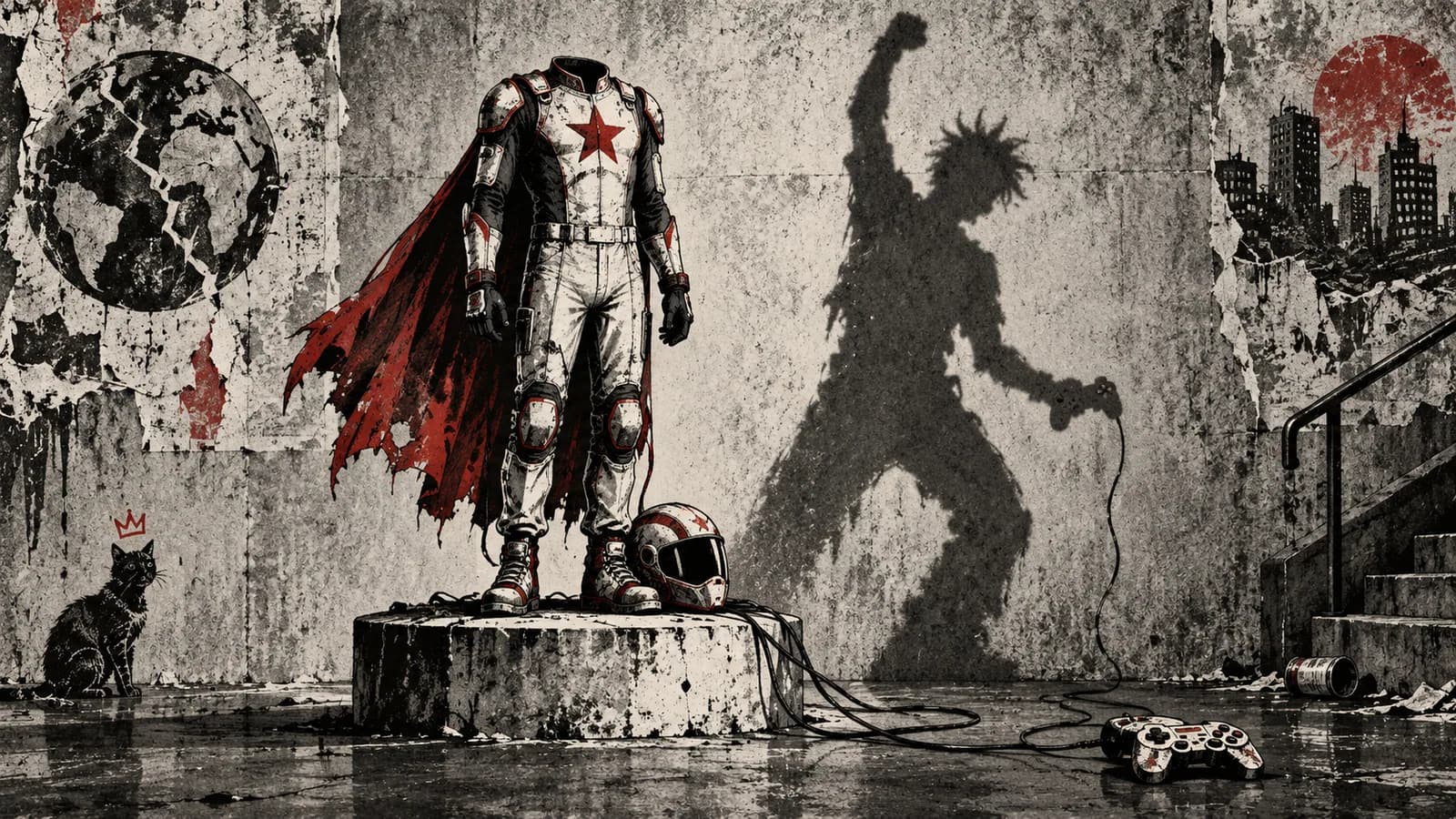 Punk-style editorial illustration: An empty futuristic suit stands on a pedestal above a living shadow.