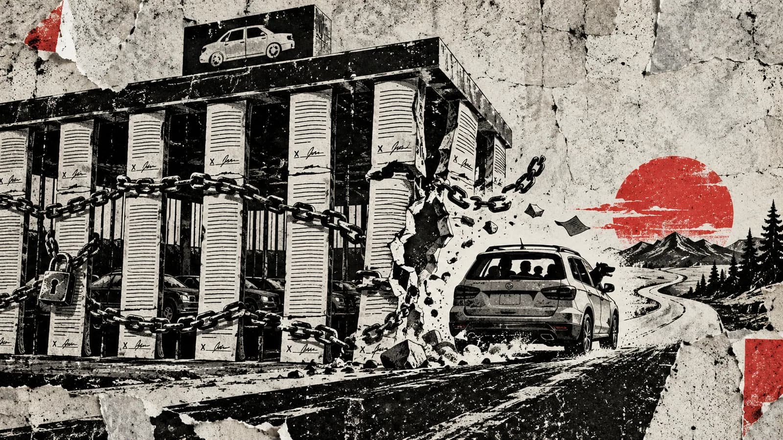 Punk-style editorial illustration: A car escapes a dealership cage built from contracts, pillars and chains.