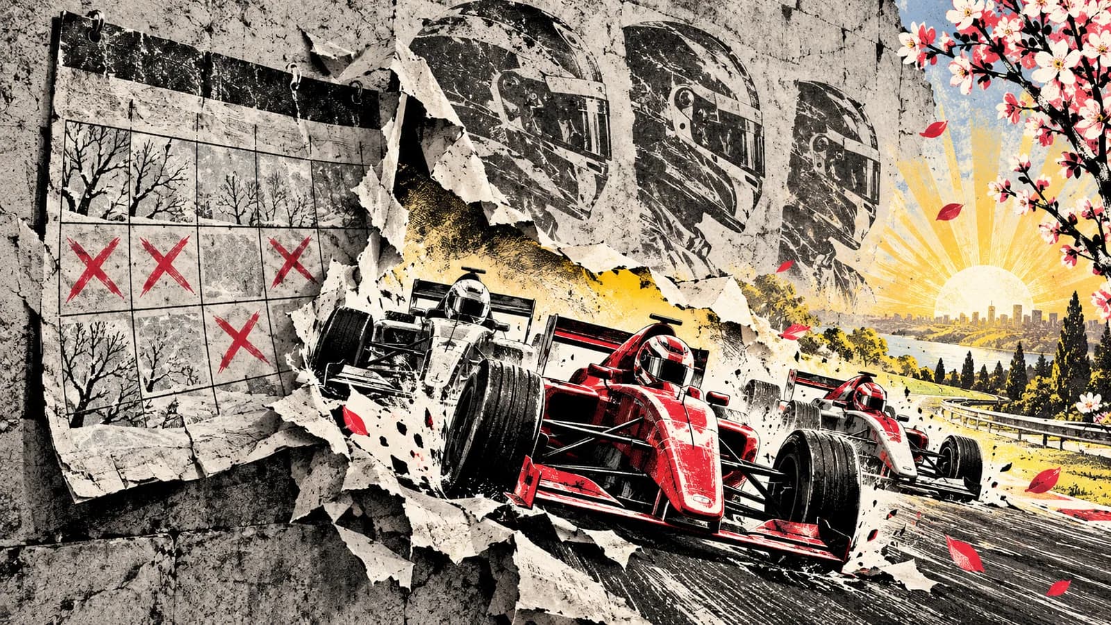 Punk-style editorial illustration: Three open-wheel race cars tear through a calendar.