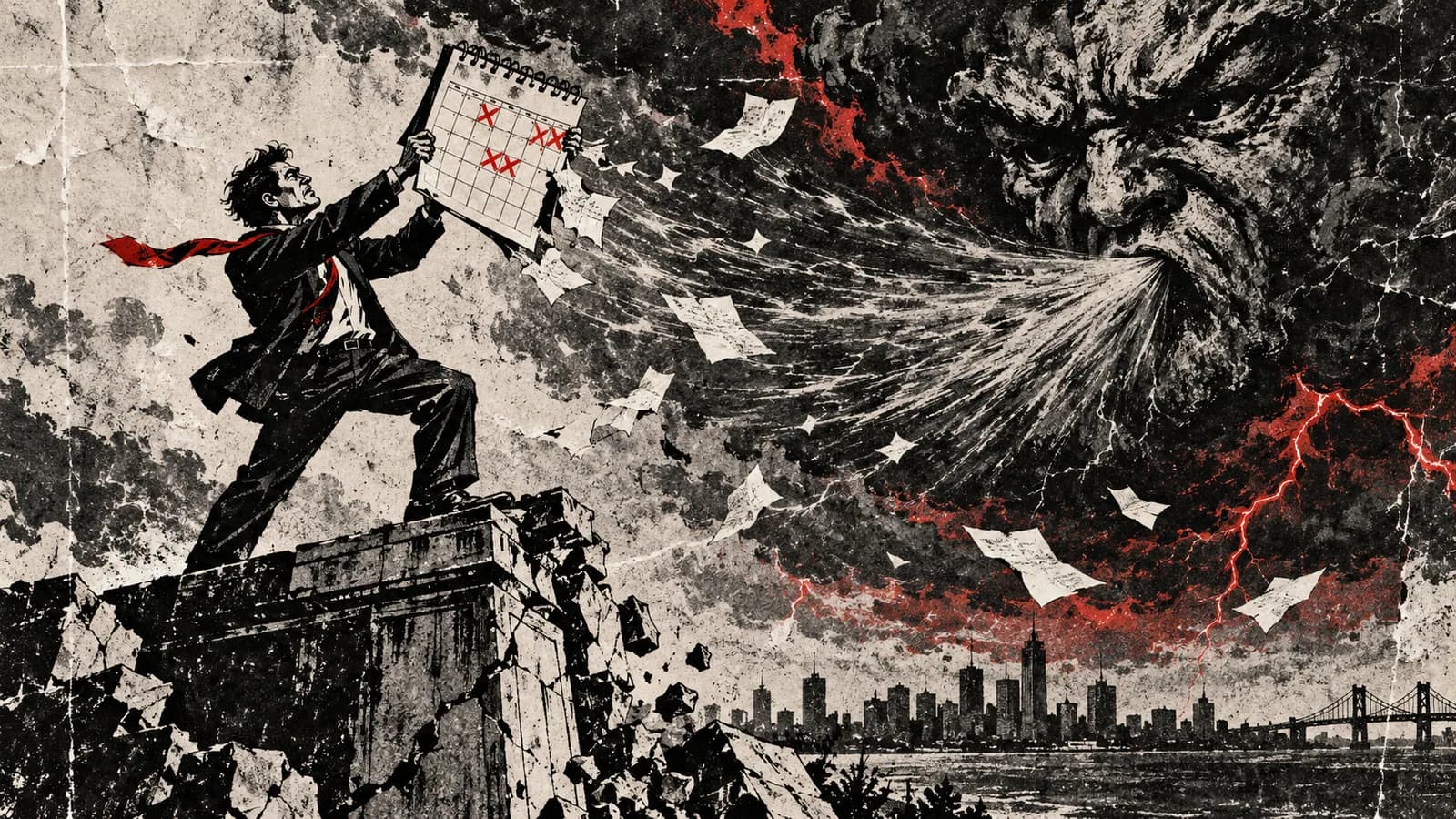 Punk-style editorial illustration: An executive shakes a calendar at a storm from a crumbling podium.