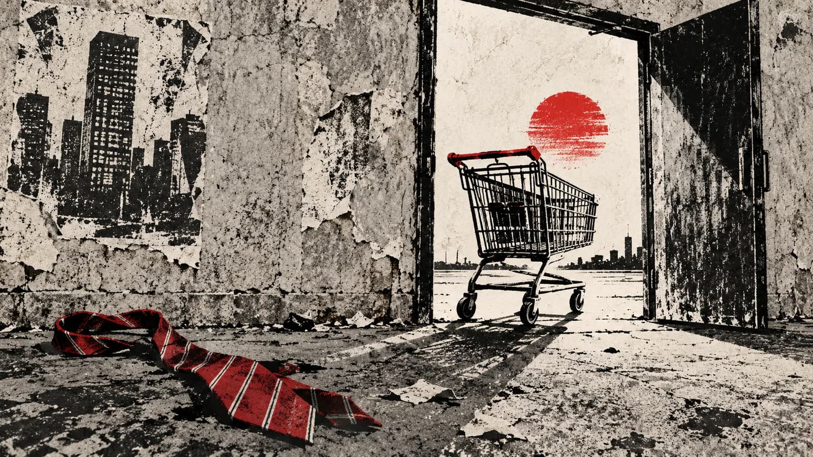 Punk-style editorial illustration: An unattended shopping cart beside an open door and discarded necktie.