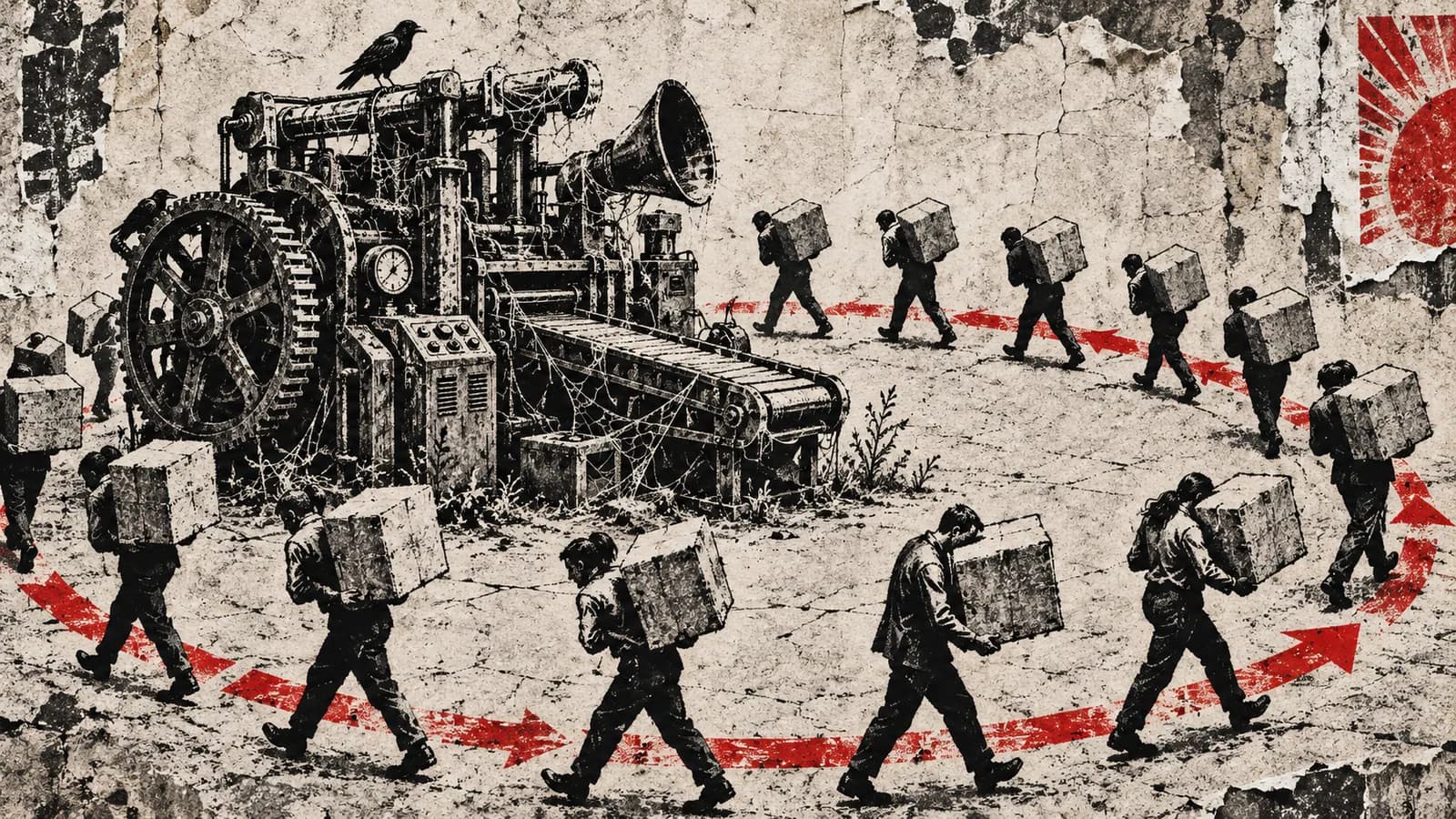Punk-style editorial illustration: An unused machine gathers dust while people carry boxes in circles.