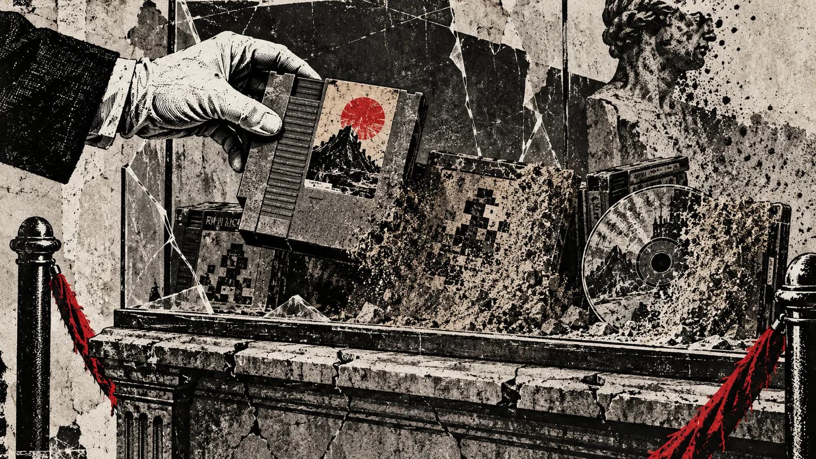 Punk-style editorial illustration: Old game cartridges sit in a cracked museum display.