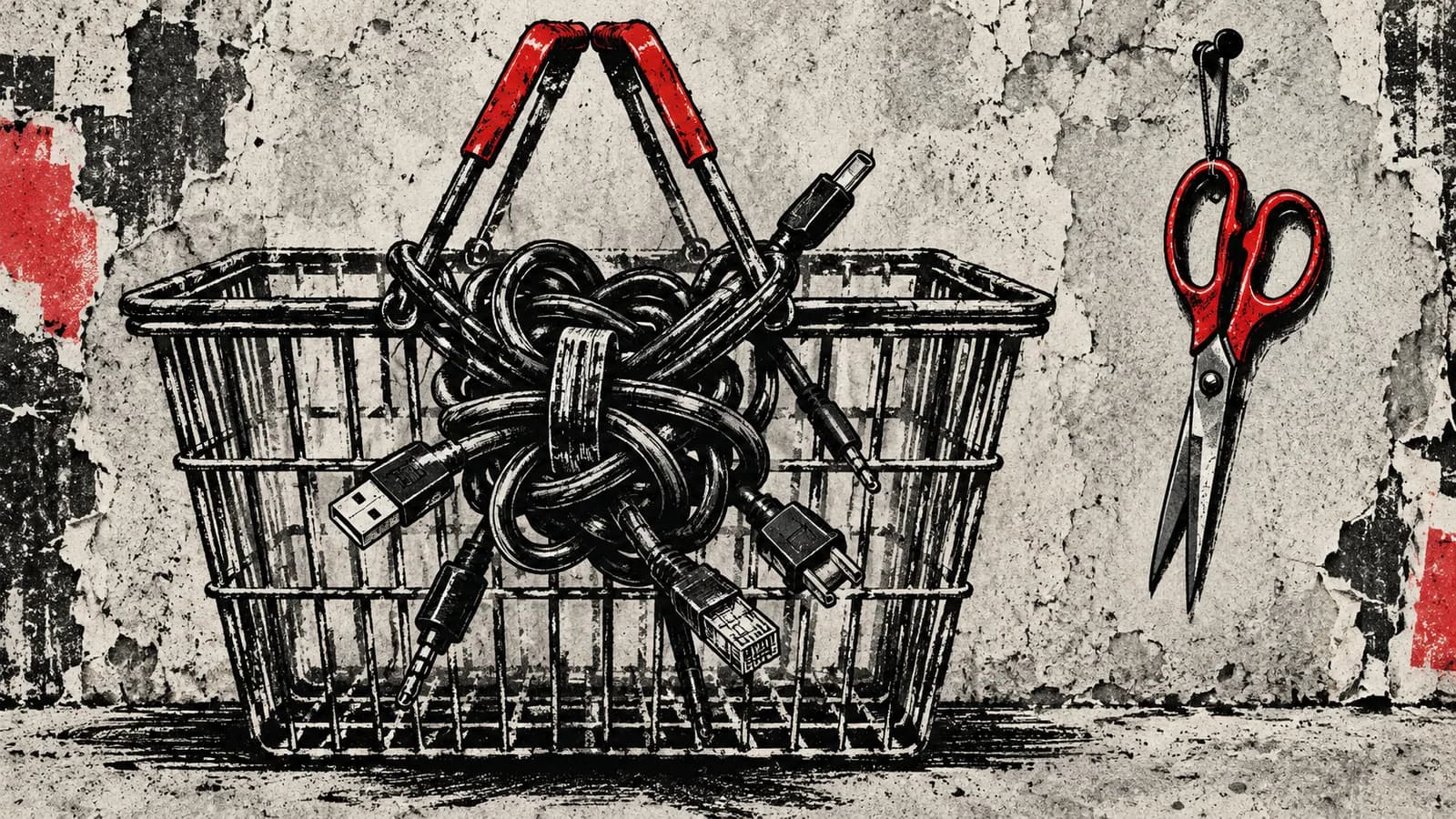 Punk-style editorial illustration: A locked tangle of cables traps a shopping basket beside a pair of scissors.