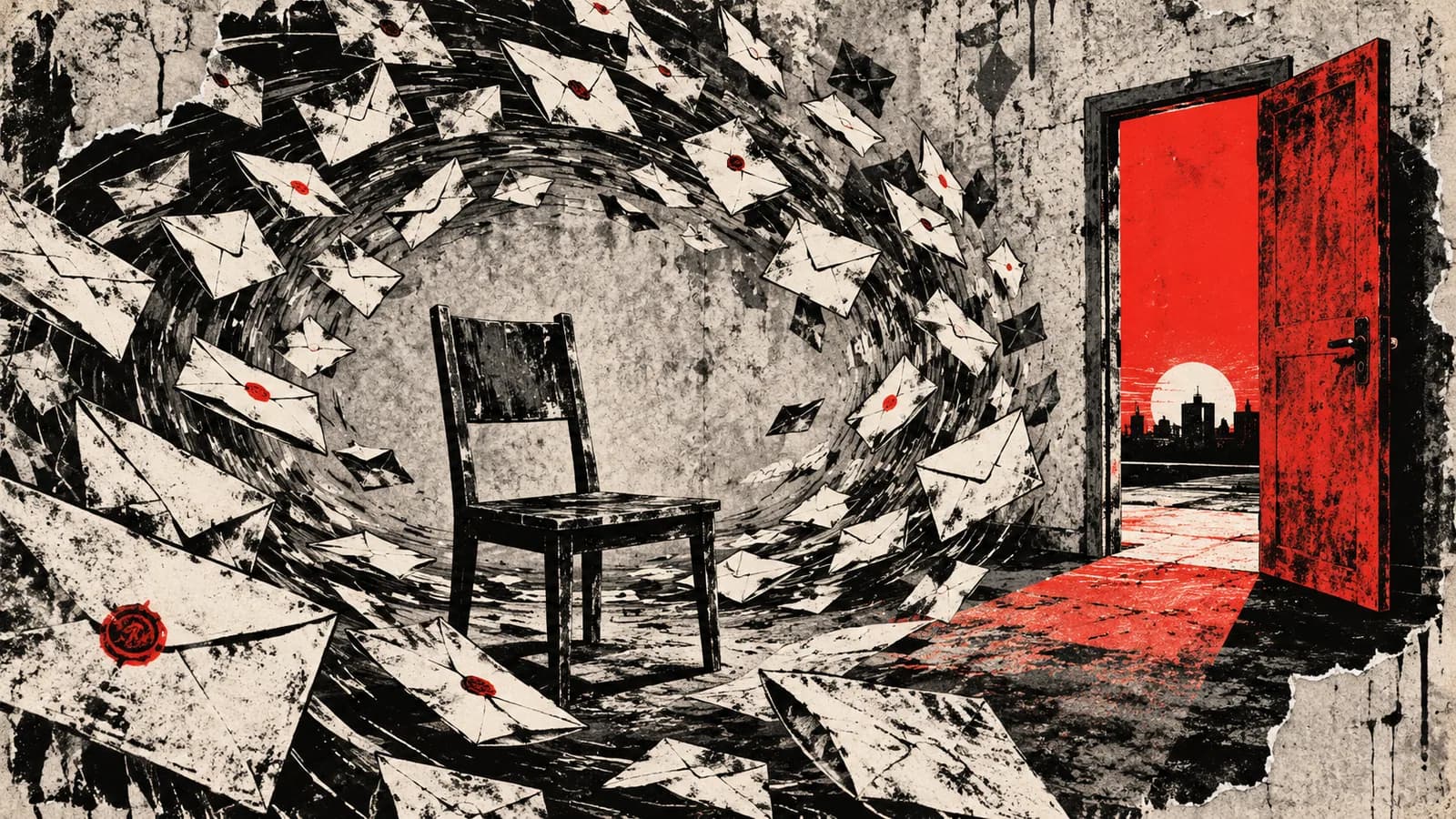 Punk-style editorial illustration: A flock of envelopes crowds an empty chair beside a red exit.