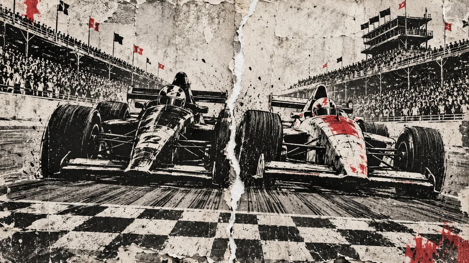 Punk-style editorial illustration: Two open-wheel cars cross a finish separated by a razor-thin strip of paper.
