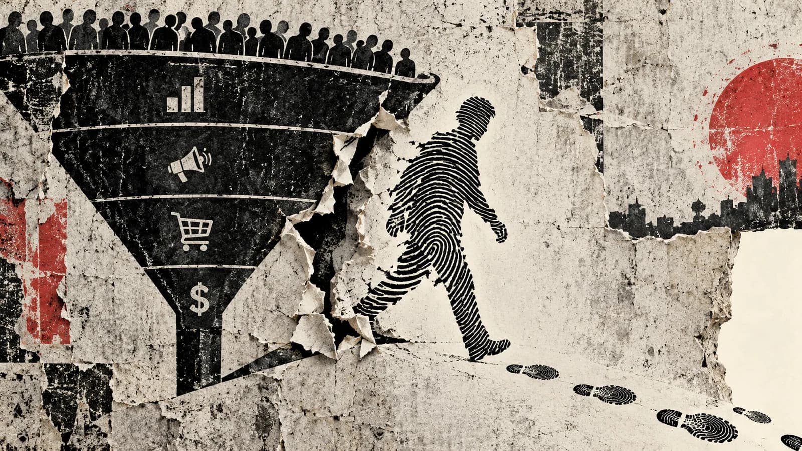 Punk-style editorial illustration: A person made of fingerprints walks out through a torn marketing funnel.