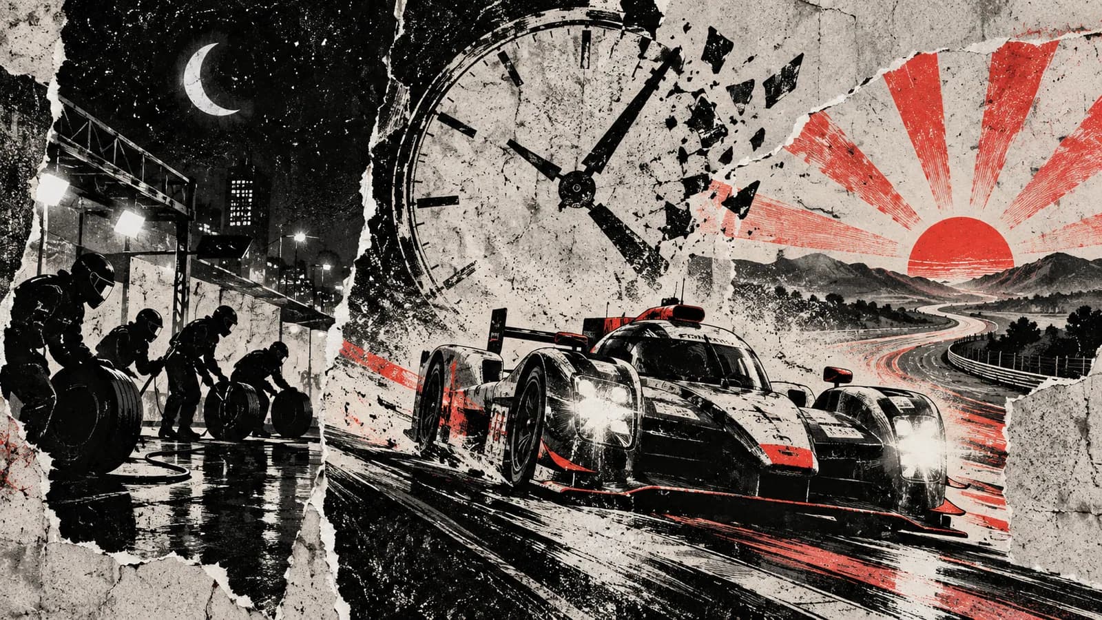 Punk-style editorial illustration: An endurance prototype and pit crew race through night into sunrise.