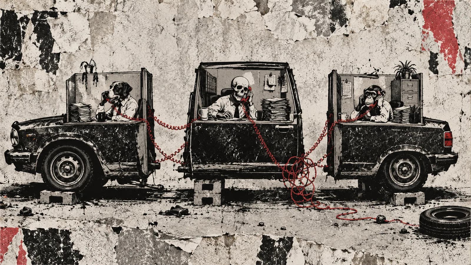 Punk-style editorial illustration: A car divided into office cubicles, connected by tangled telephone cords.