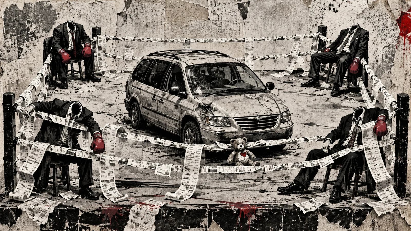 Punk-style editorial illustration: A minivan sits in a boxing ring surrounded by empty suits and receipts.