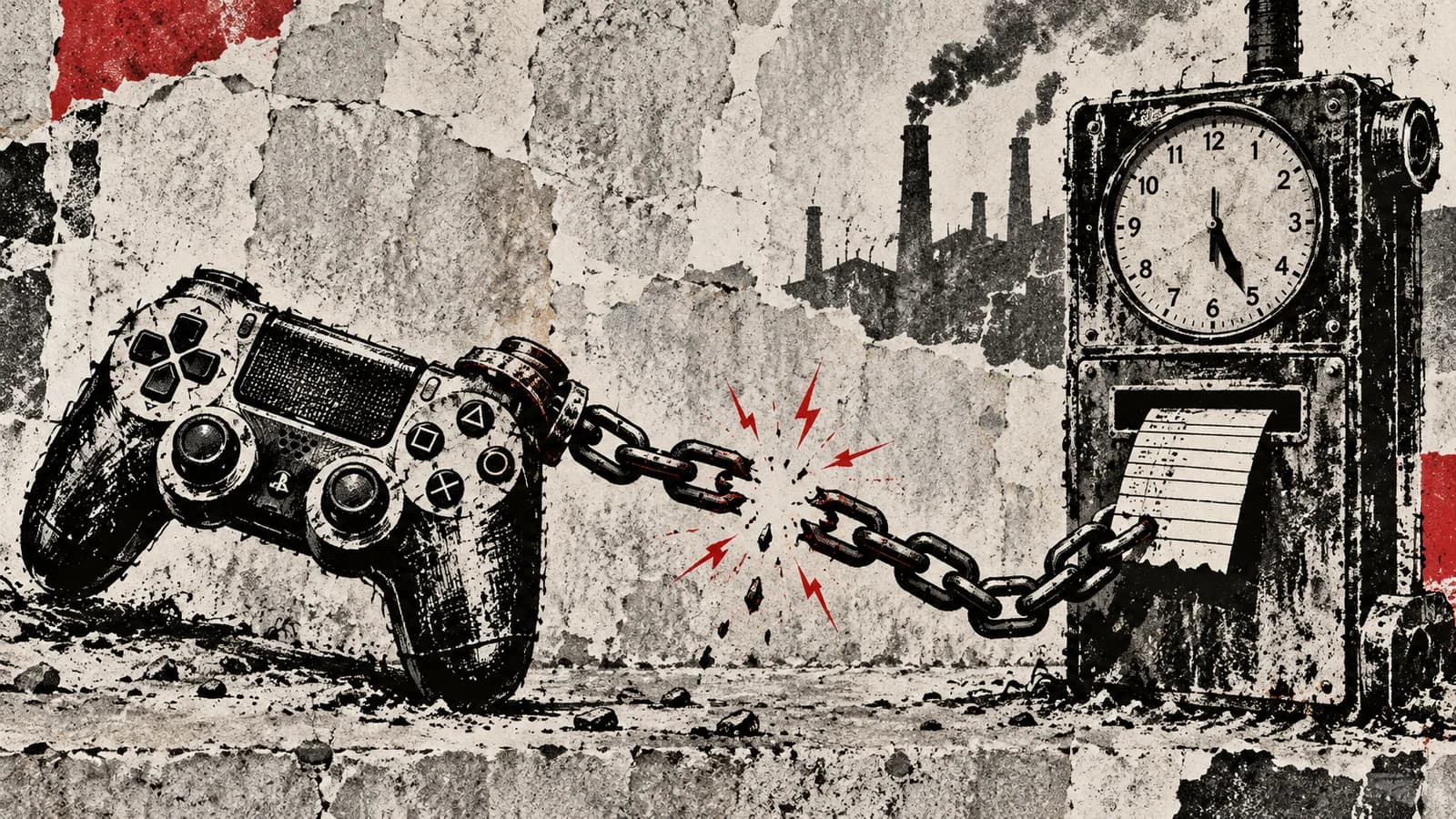 Punk-style editorial illustration: A game controller breaks its chain to a factory time clock.