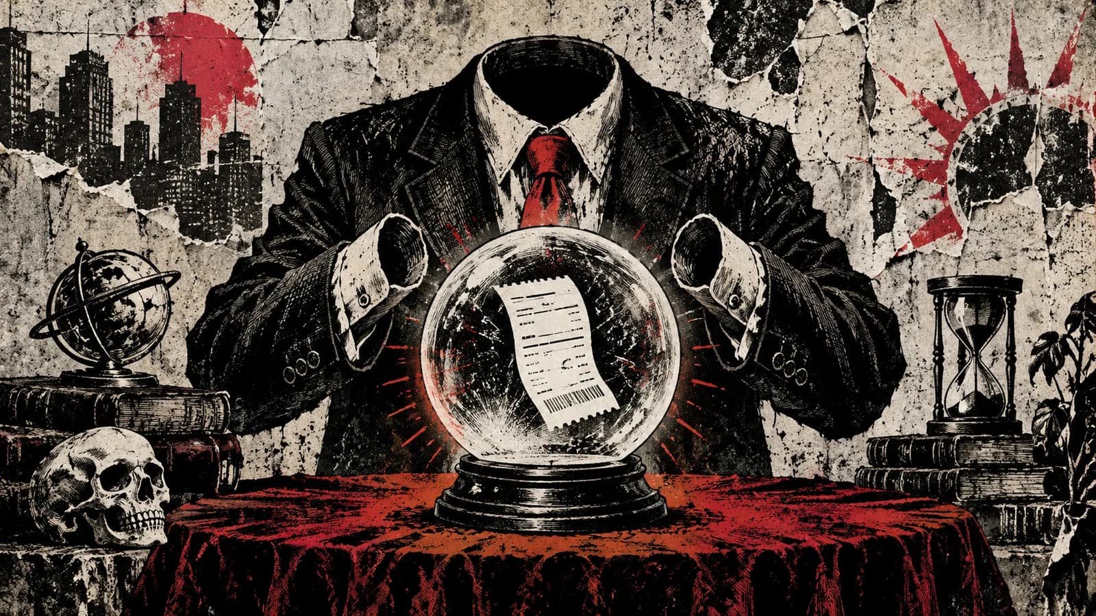 Punk-style editorial illustration: An empty suit consults a crystal ball containing a subscription receipt.
