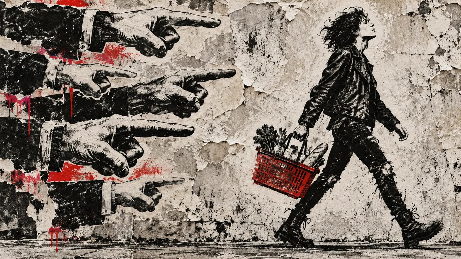 Punk-style editorial illustration: A shopper carrying a red basket walks away from giant pointing hands.