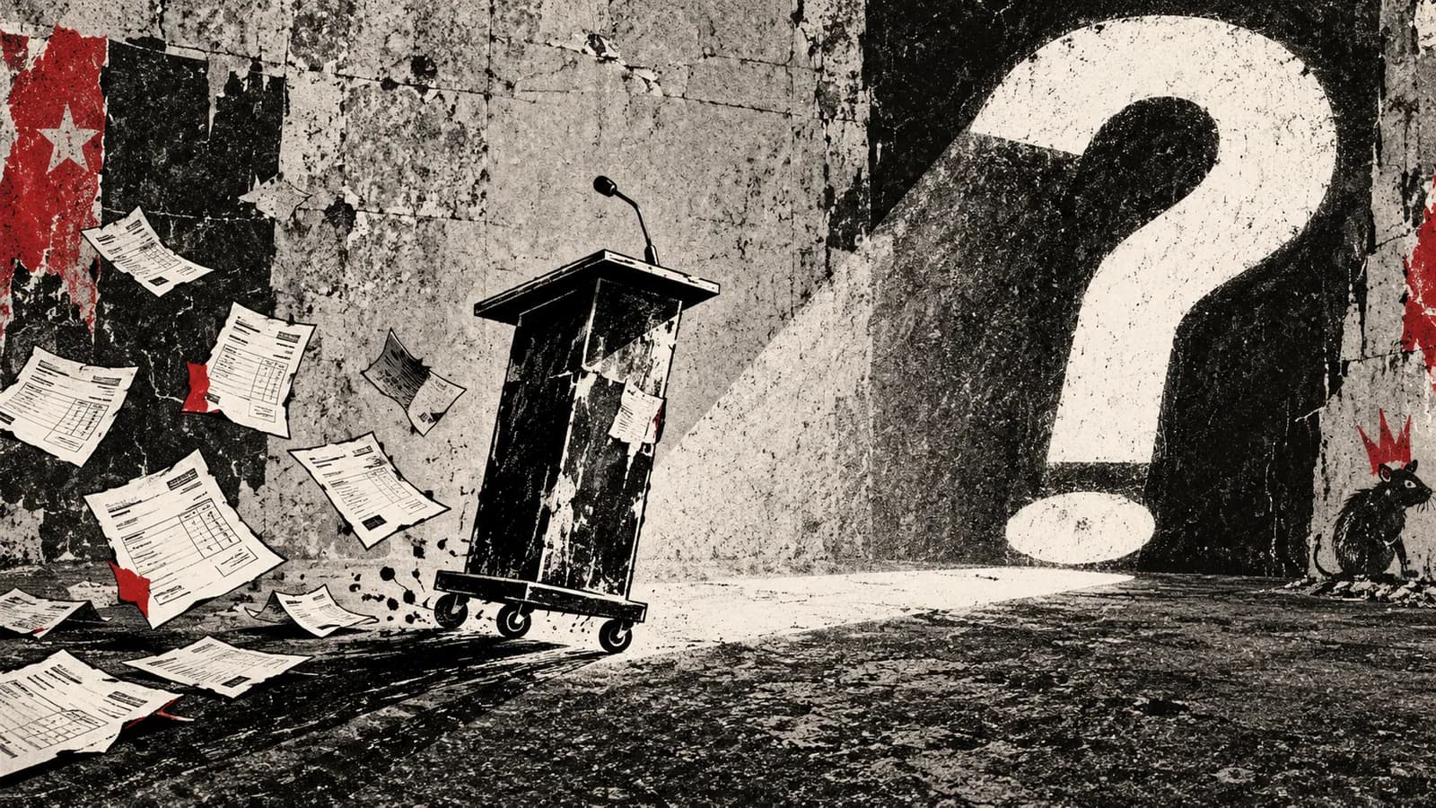 Punk-style editorial illustration: A podium on wheels escapes a spotlight amid scattered invoices.