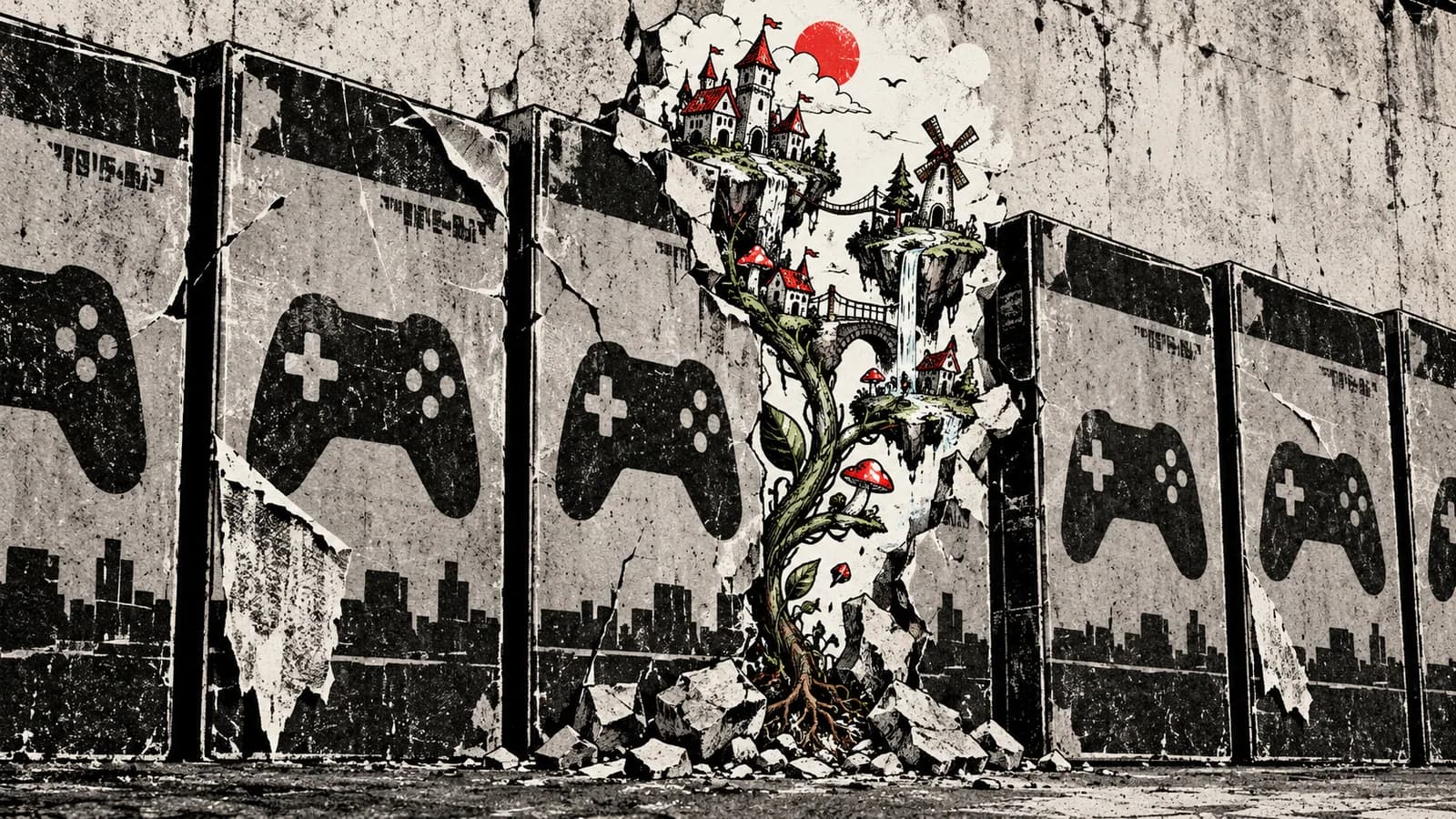 Punk-style editorial illustration: A strange game world grows through a wall of identical game boxes.