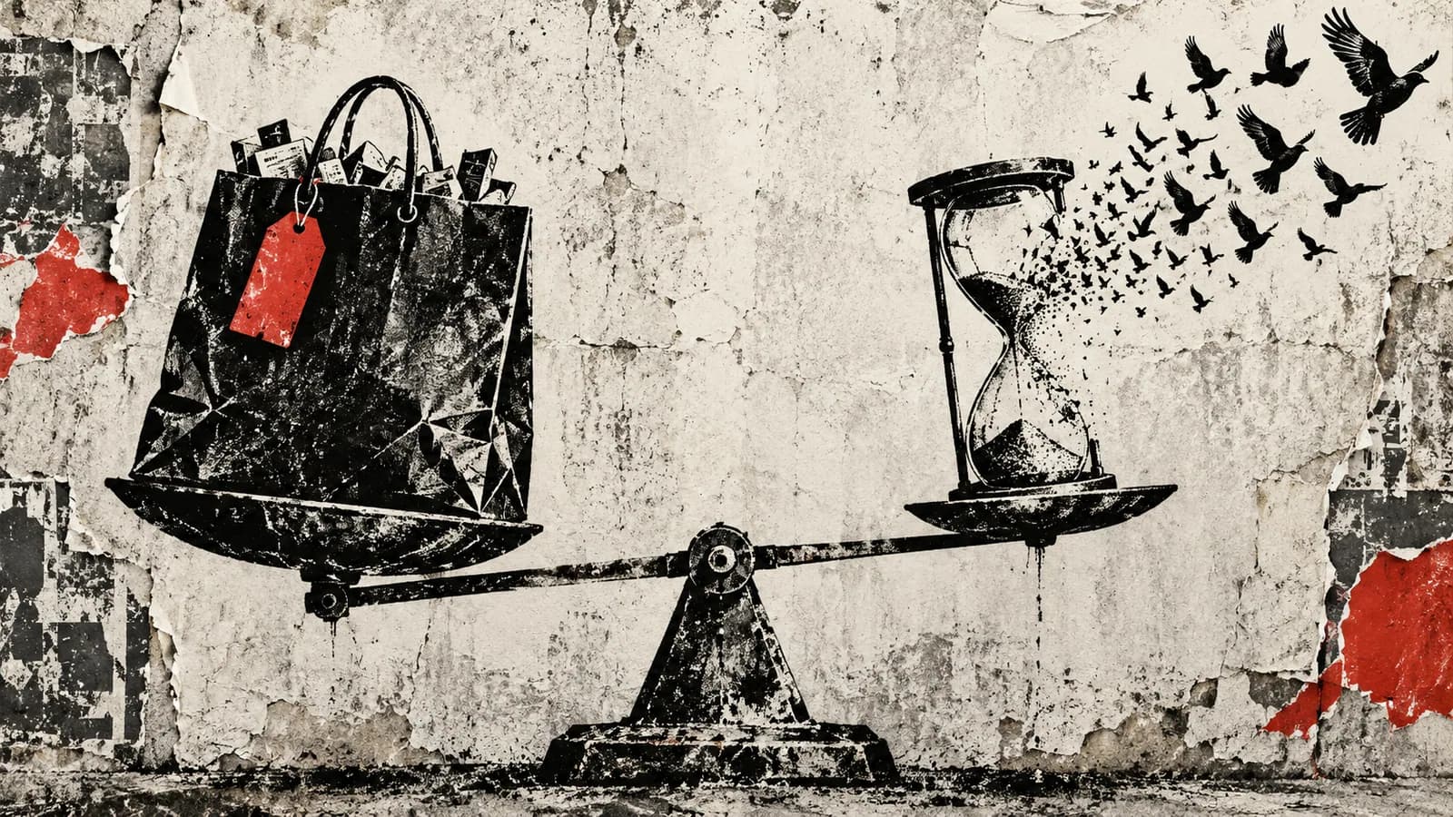 Punk-style editorial illustration: A shopping bag balances against an hourglass whose sand turns into birds.