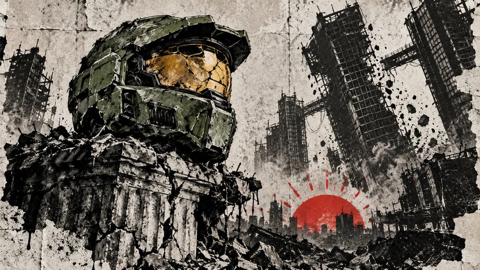 Punk-style editorial illustration: A cracked green Spartan helmet on a ruined pedestal beneath collapsing scaffolding.
