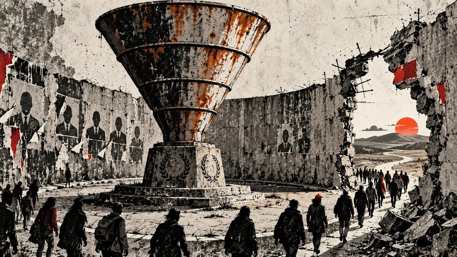 Punk-style editorial illustration: People walk past a rusted sales funnel monument through a breach in a wall.