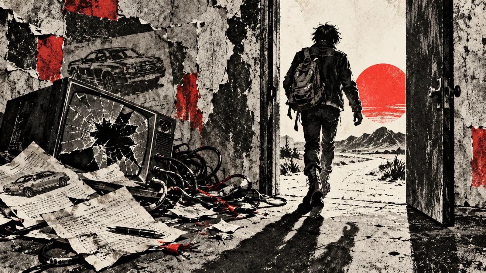 Punk-style editorial illustration: A person leaves through an open door, abandoning a broken television and sales papers.