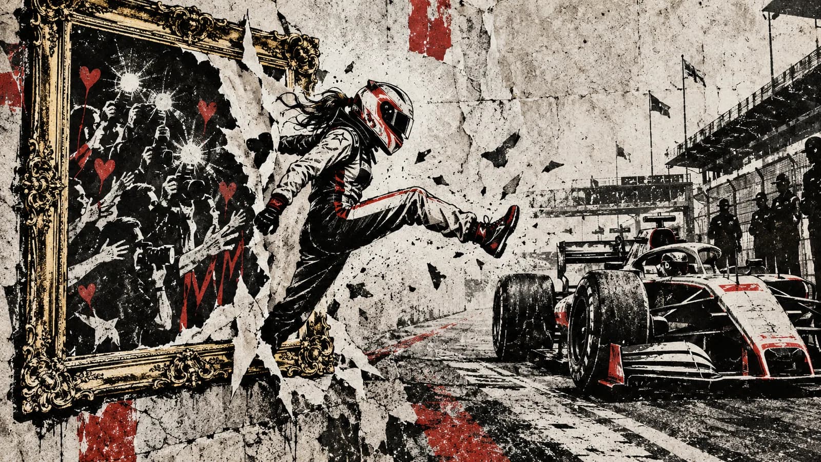 Punk-style editorial illustration: A woman racing driver breaks through an ornamental frame toward an open-wheel race car.