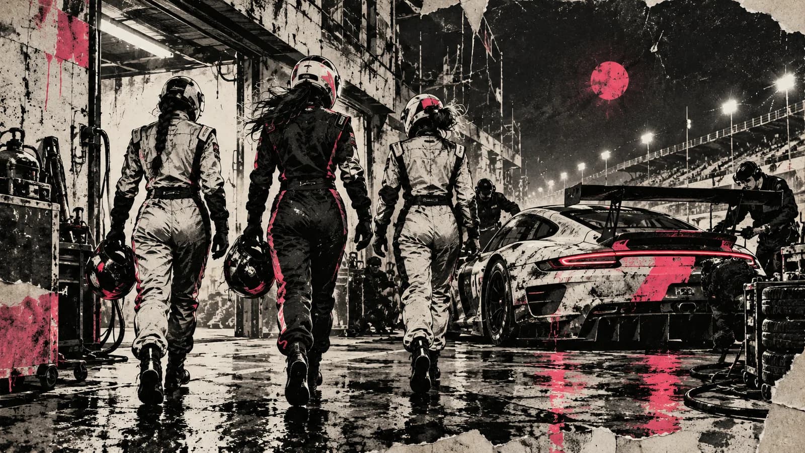 Punk-style editorial illustration: Three women racing drivers walk toward a pink-accented endurance car in a pit garage.