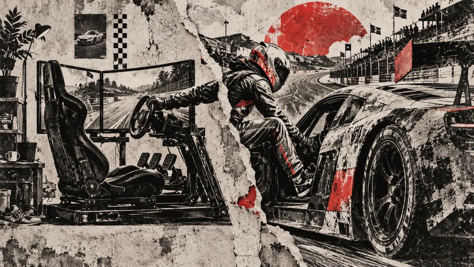 Punk-style editorial illustration: A simulator cockpit becomes a real GT racing car across torn paper.