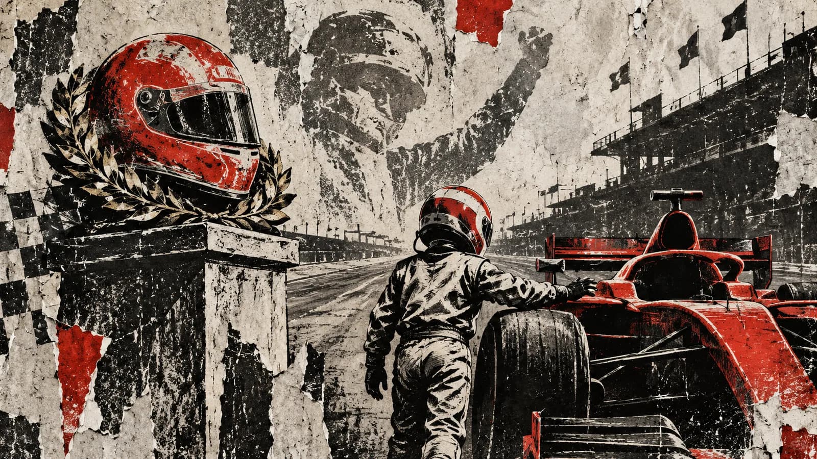 Punk-style editorial illustration: A celebrated red helmet on a pedestal beside a young racer reaching toward an empty cockpit.