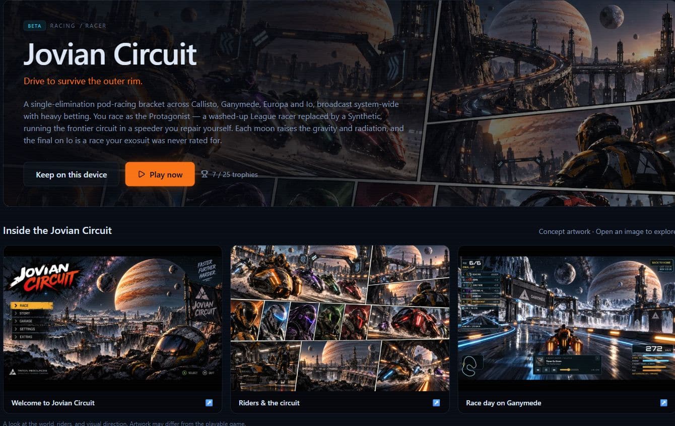 Jovian Circuit beta game page with its racing story and three concept-art previews