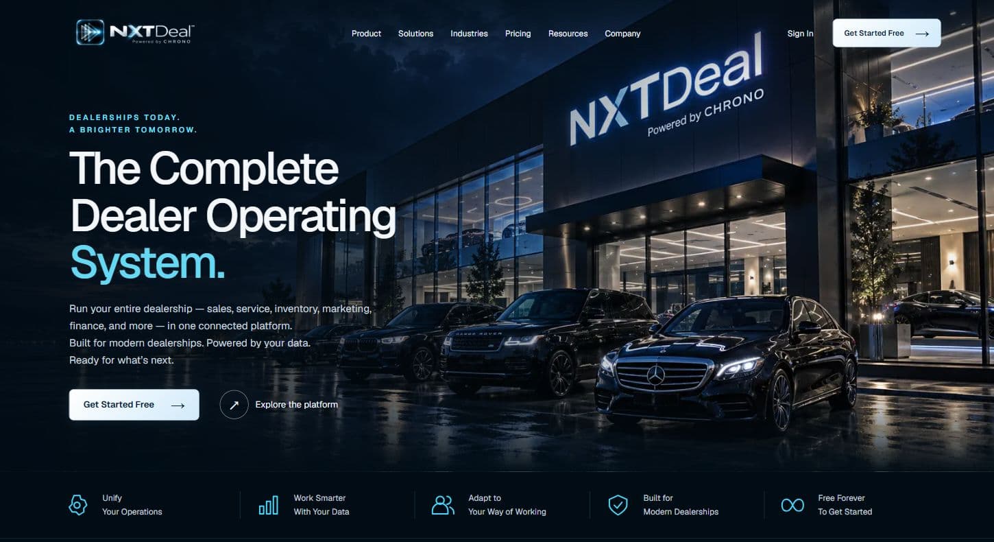 NXTDeal public website presenting the dealer operating system against a dealership at dusk