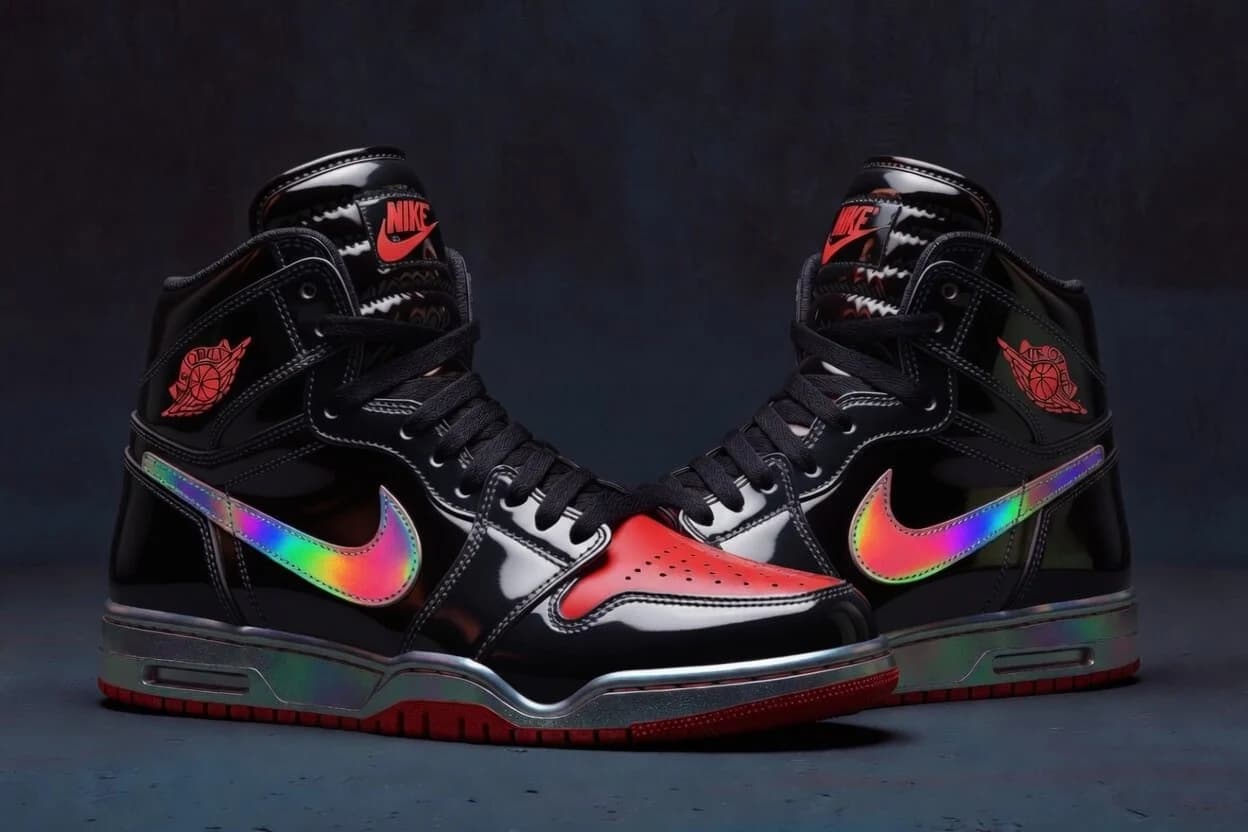 A pair of black high-top sneakers with vibrant, iridescent holographic Nike Swooshes and glowing pink accents resting on a dark surface.