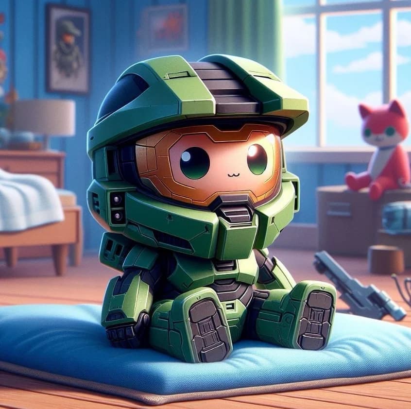 A whimsical digital illustration of a cute, cartoon baby version of Master Chief wearing green Spartan armor and sitting in a colorful futuristic room.