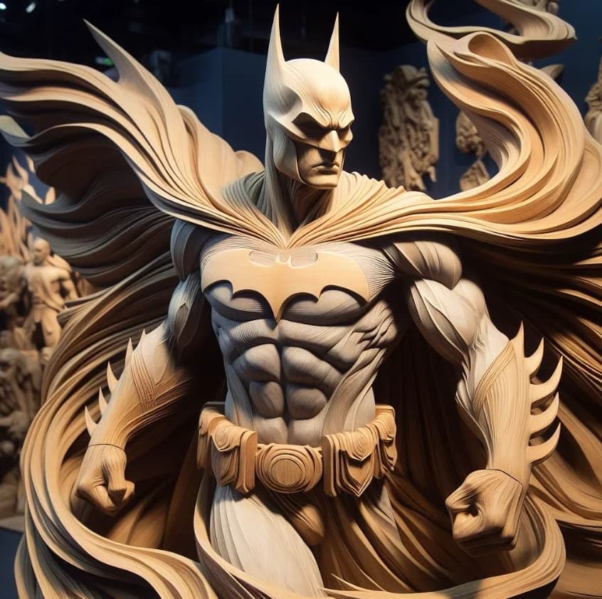 A detailed digital illustration of Batman styled as a monochromatic wood relief sculpture with intricate, flowing baroque patterns carving out his armor and cape.