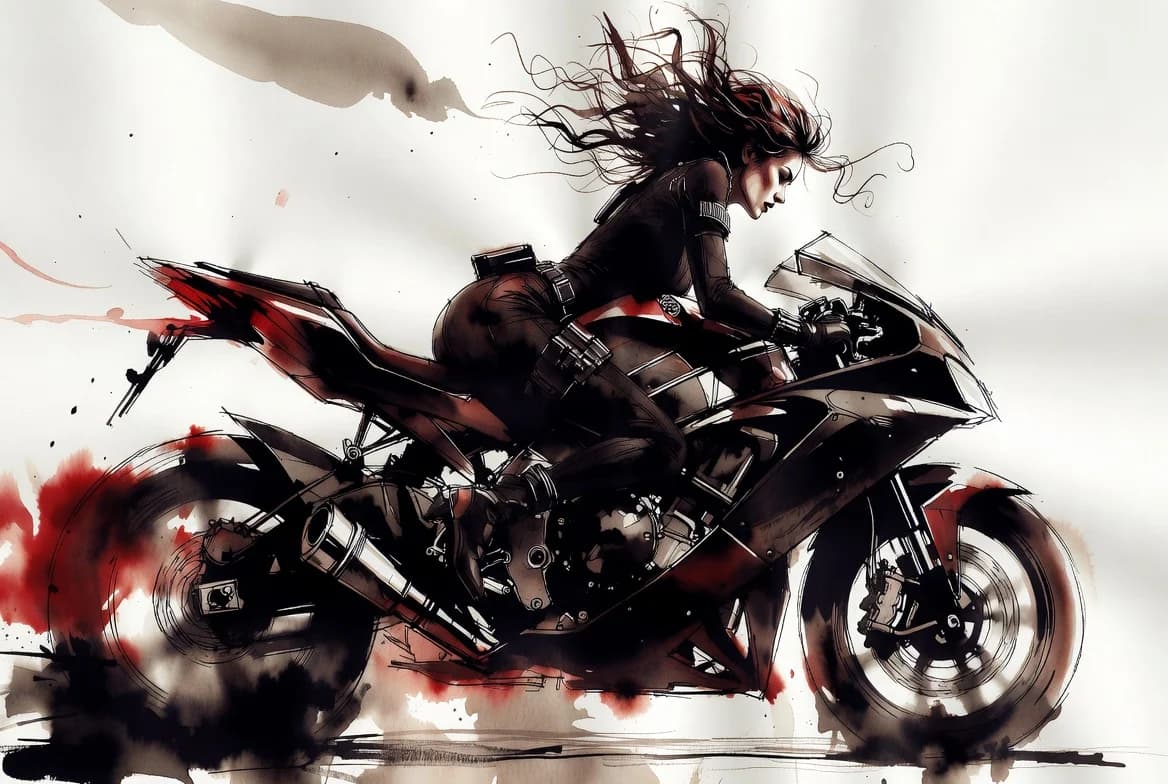 A dynamic digital illustration of Marvel's Black Widow riding a high-speed motorcycle down an urban street with her hair blowing in the wind.