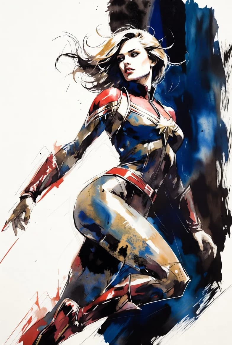 A dynamic digital illustration of Captain Marvel hovering mid-air in full tactical armor, surrounded by glowing blue cosmic energy.