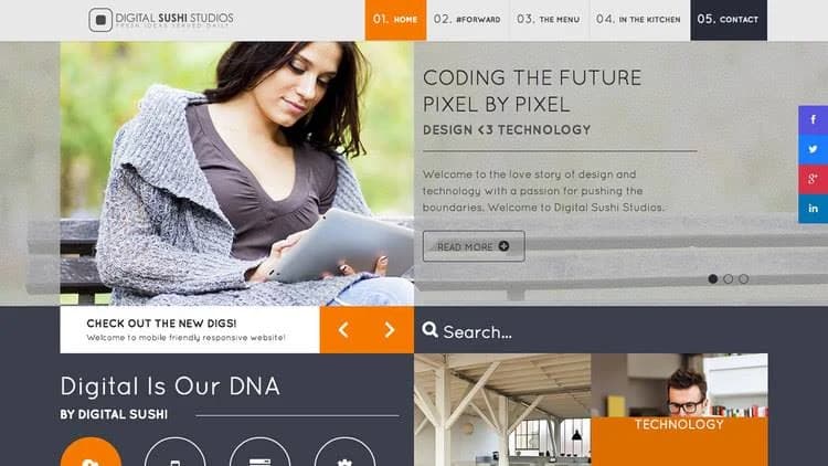 A website hero section layout titled "Coding the Future Pixel by Pixel" next to an image of a woman working on a laptop, with an orange "Search" button below.