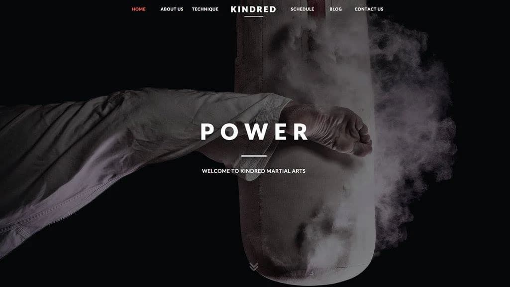 A dark-themed web design layout for Kindred Martial Arts featuring the word "POWER" in bold typography over a smoky background on a desktop screen.