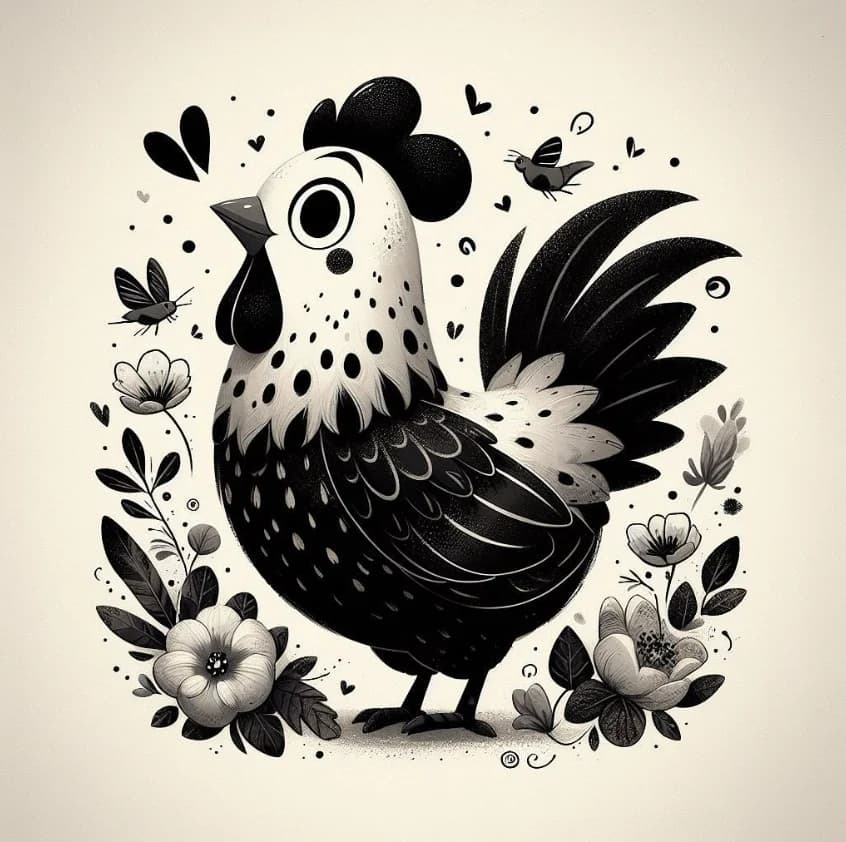 A whimsical black and white digital illustration of a stylized rooster adorned with intricate floral, leaf, and dot patterns on its feathers.