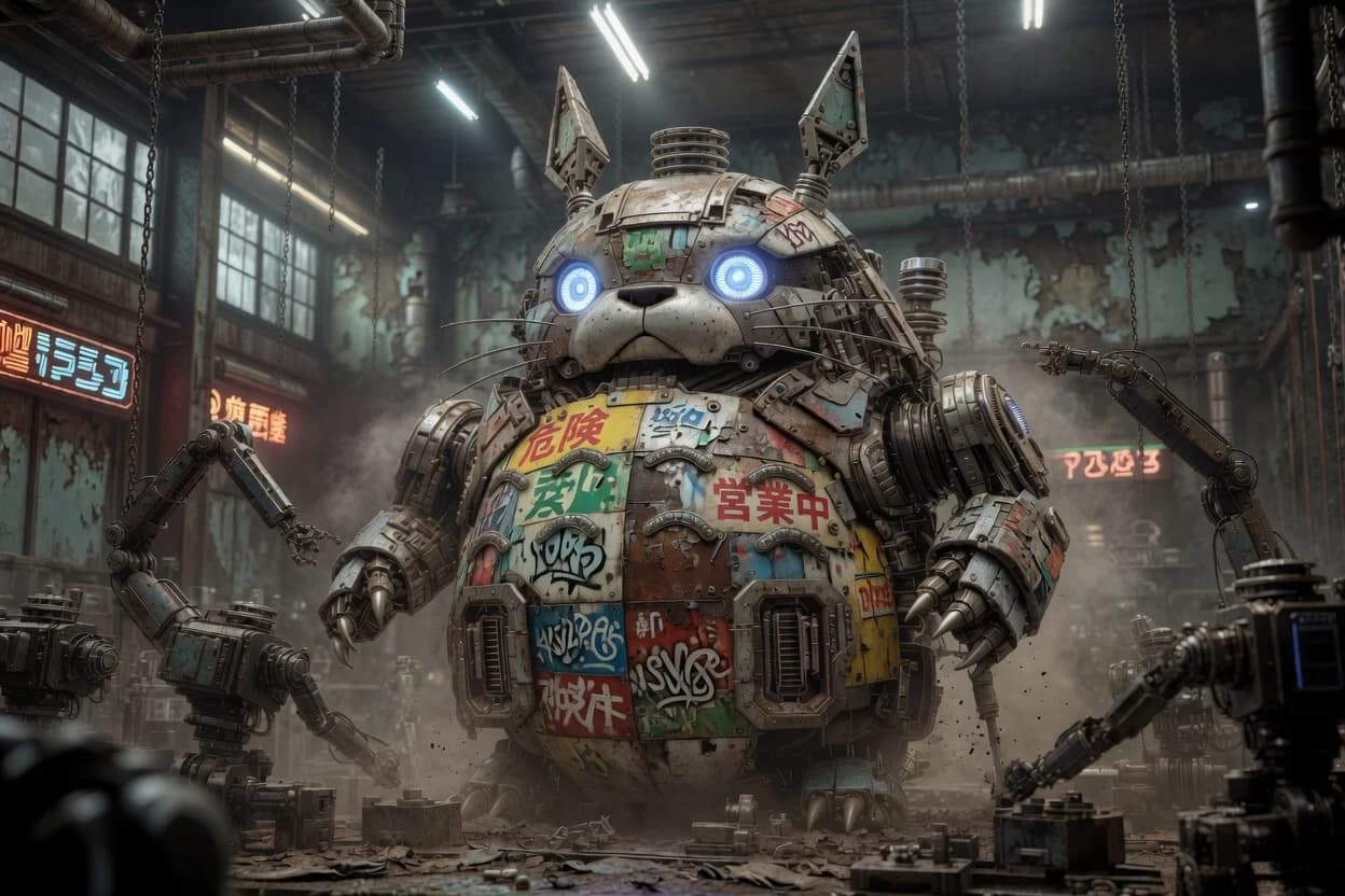 A detailed digital artwork of a large, mechanical robot designed to look like Totoro, standing in a futuristic cyberpunk city alley at night.
